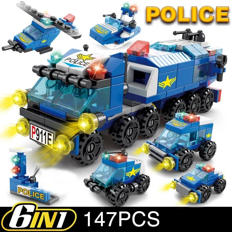 6 In 1 Police Fire Engineering Vehicle Building Blocks