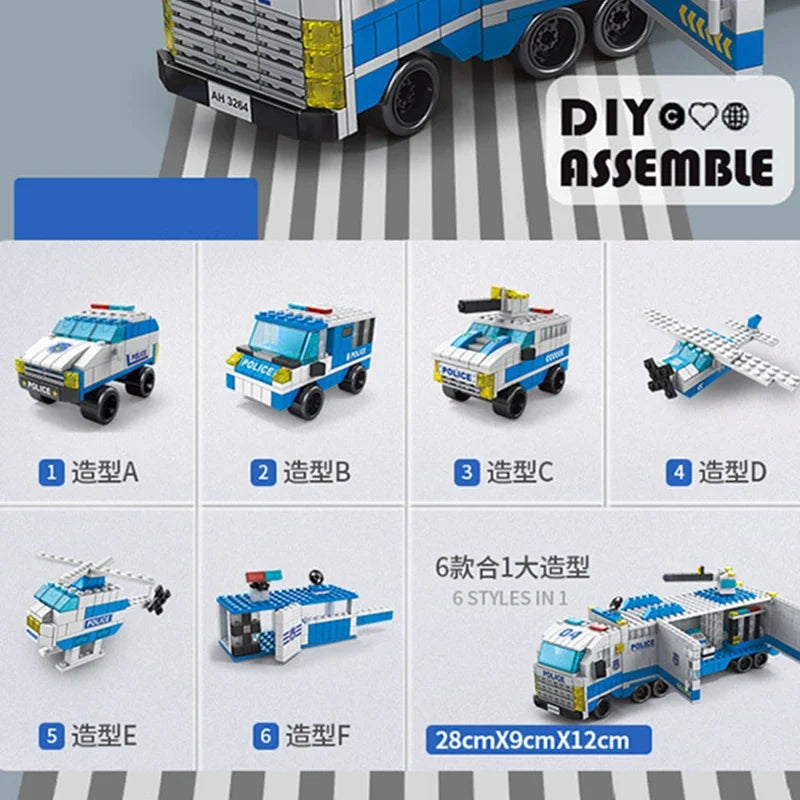 6 In 1 Police Fire Engineering Vehicle Building Blocks