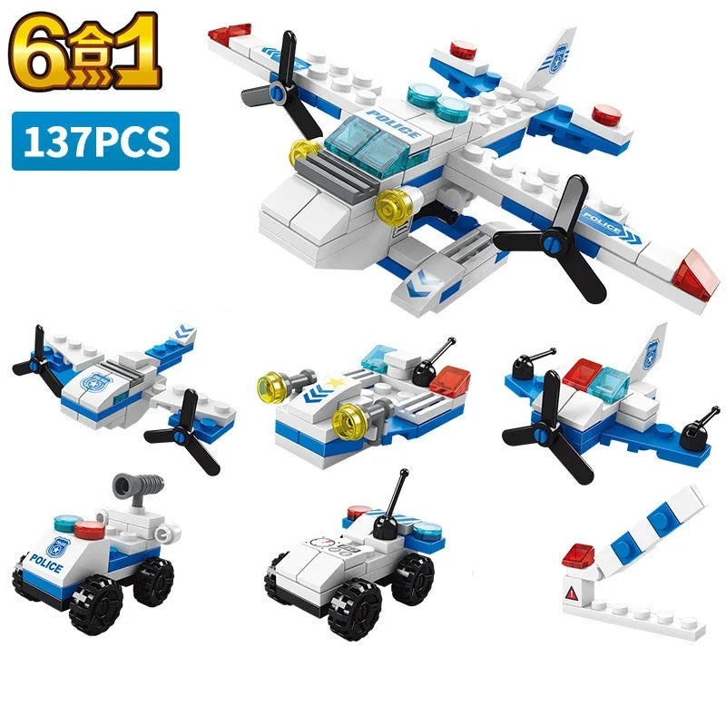 6 In 1 Police Fire Engineering Vehicle Building Blocks