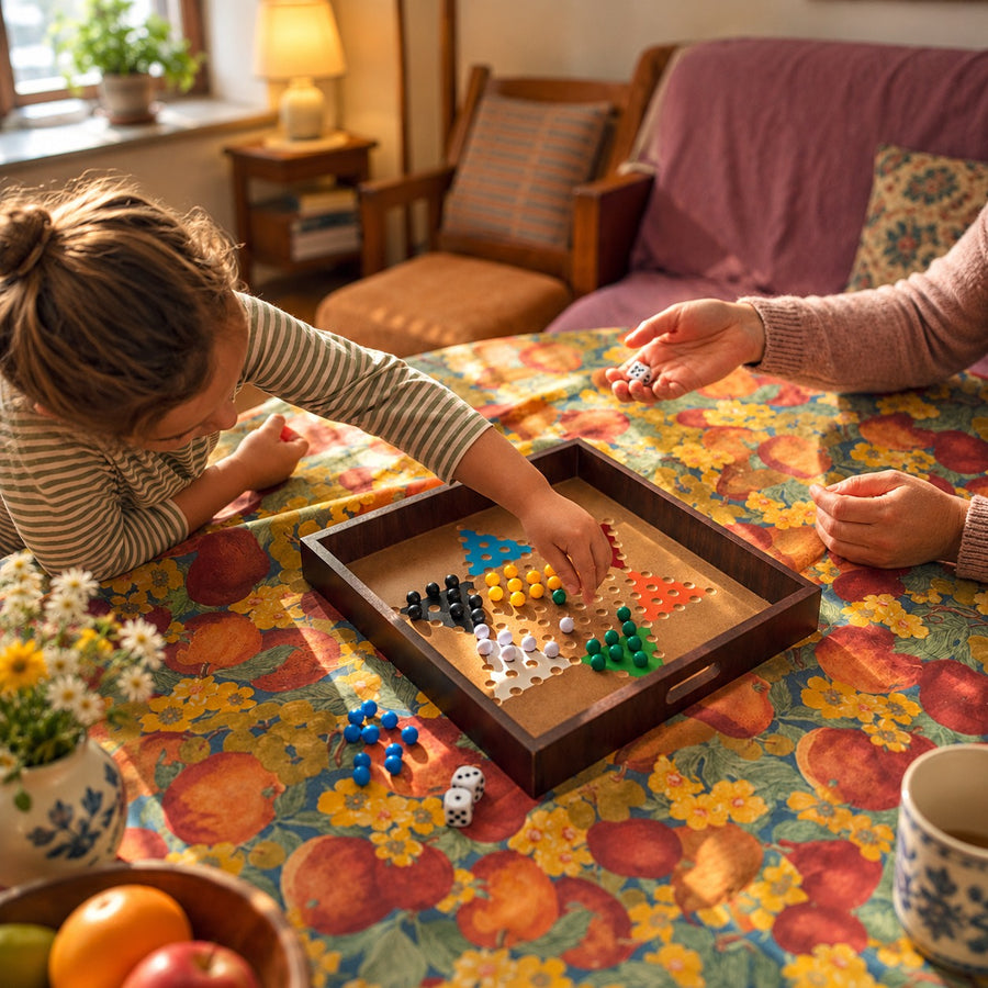 A wooden board game with colorful geometric pieces is being played on a floral tablecloth in a cozy living room. A child in a striped shirt is actively placing pieces, while another person's hands are visible holding dice.