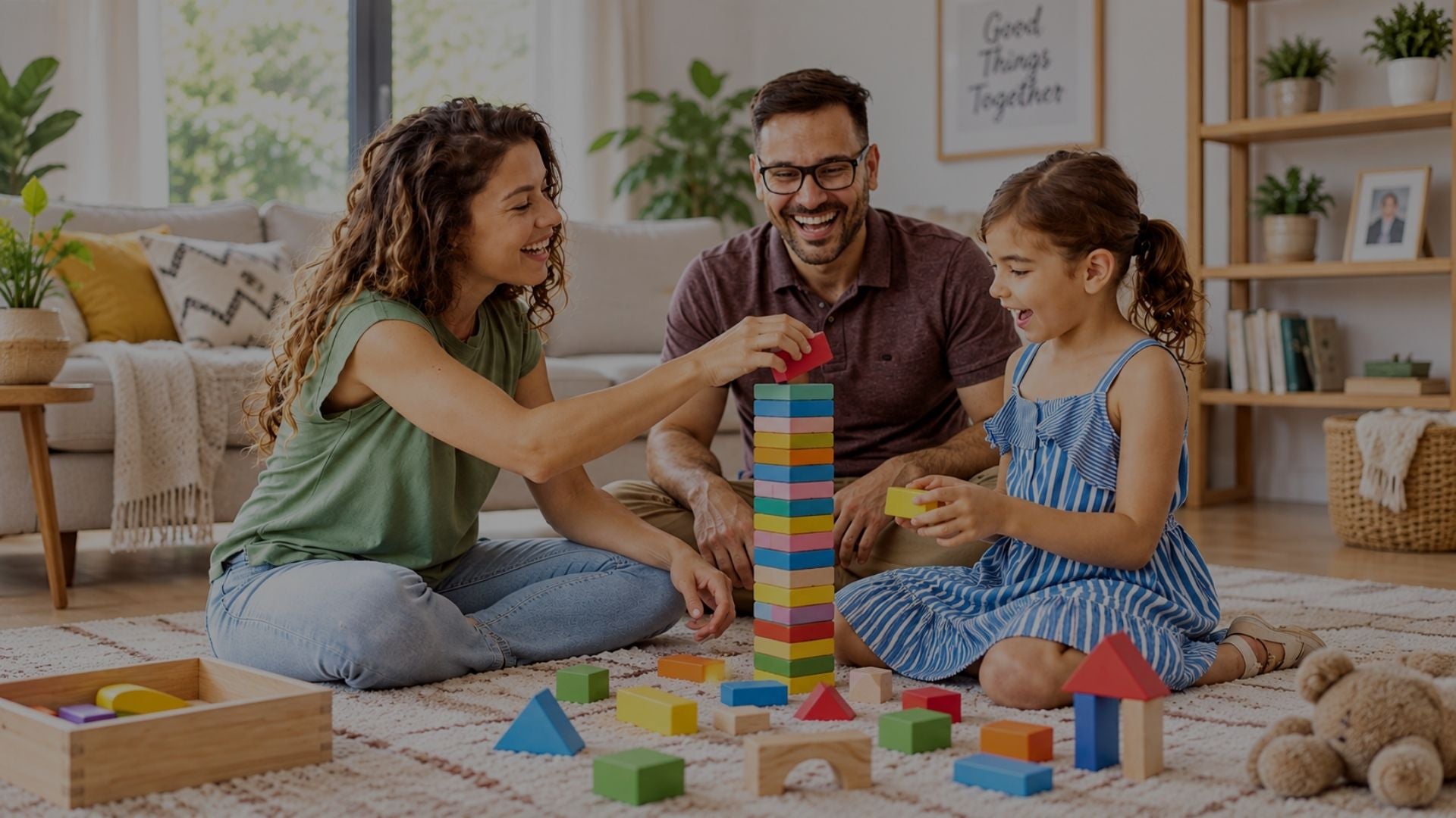 A family of three plays with colorful wooden stacking blocks on a carpeted floor in a bright, modern living room. The mother, father, and daughter are smiling and engaged, with the daughter holding a yellow block and the tower being built high by the mother.