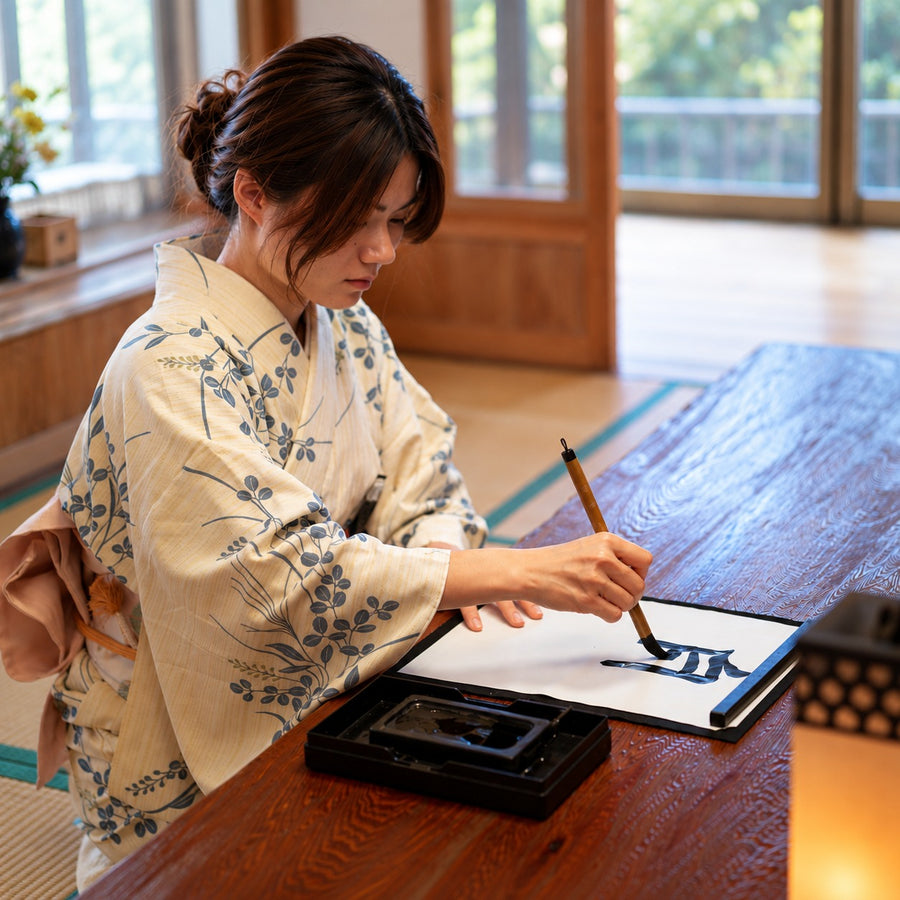 A woman in a cream-colored floral kimono sits at a wooden table, writing calligraphy with a brush on a sheet of paper.