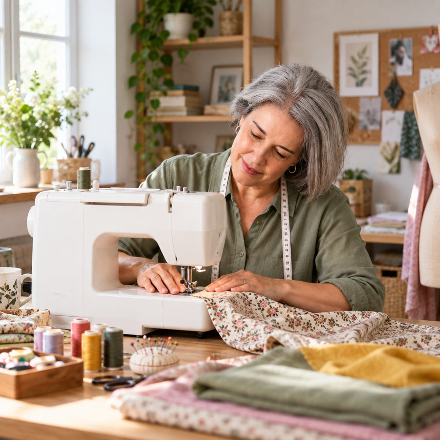 A woman with gray hair sews floral fabric on a white sewing machine in a bright, cozy craft room. She wears an olive green shirt and a measuring tape is visible around her neck.